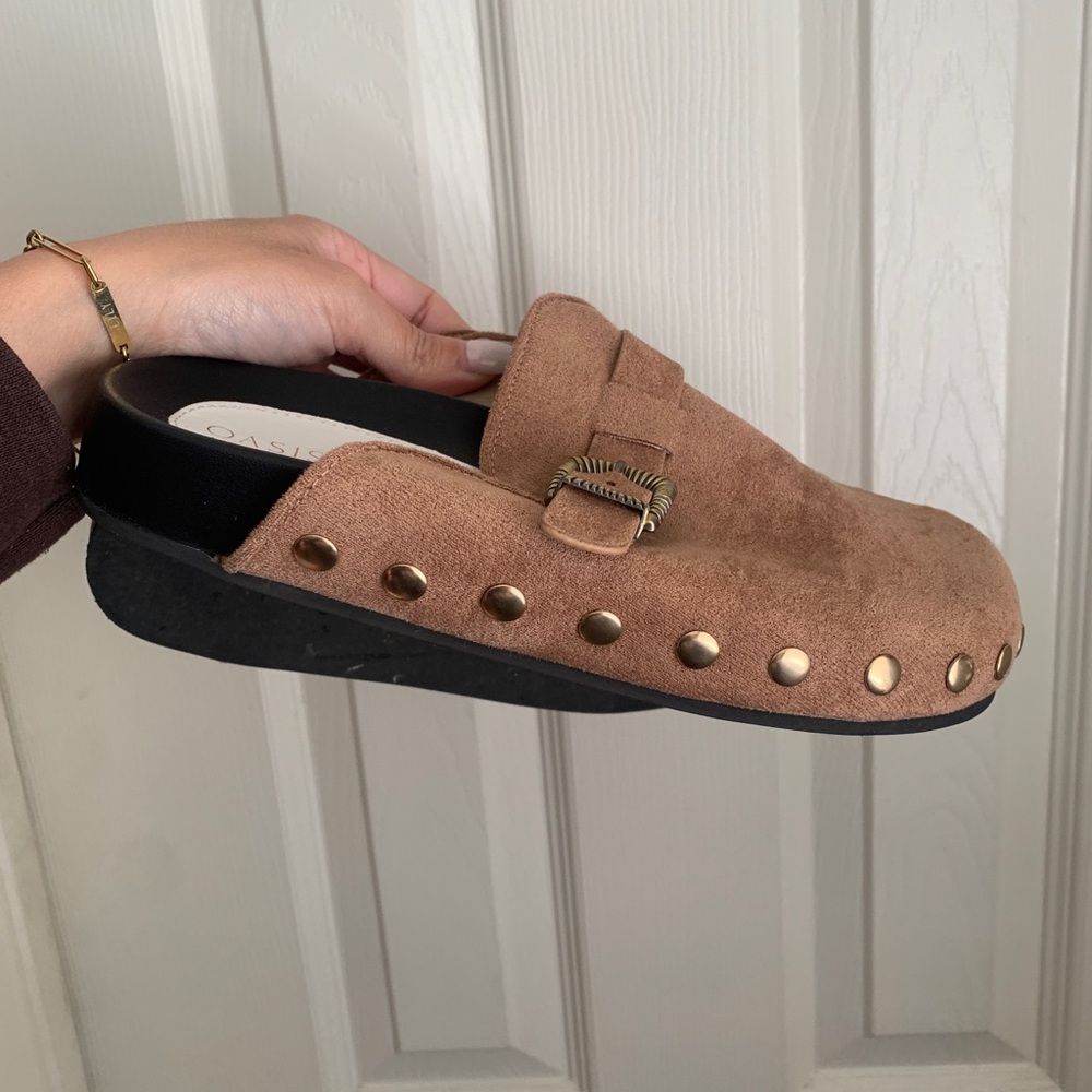 OASIS Tan Suede Studded Mule Clog
